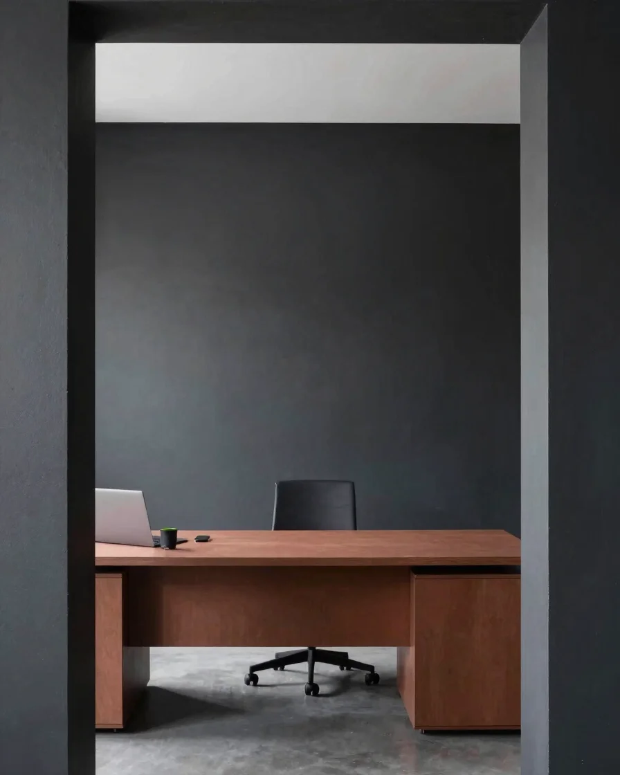 Minimalist executive workspace detail with architectural framing and deep charcoal accents, 35mm lens