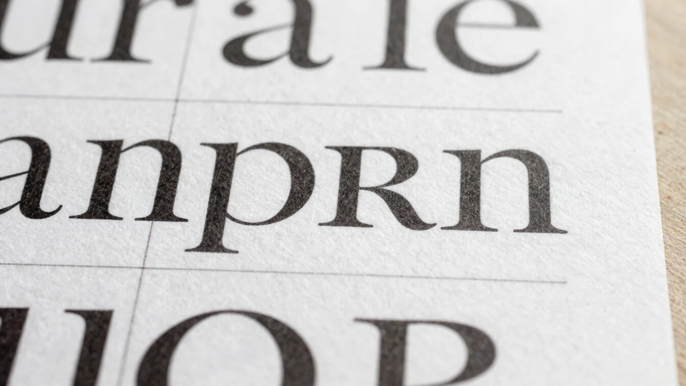 Close-up macro detail of typography studies printed on heavy matte textured white paper with precise alignment grids, 35