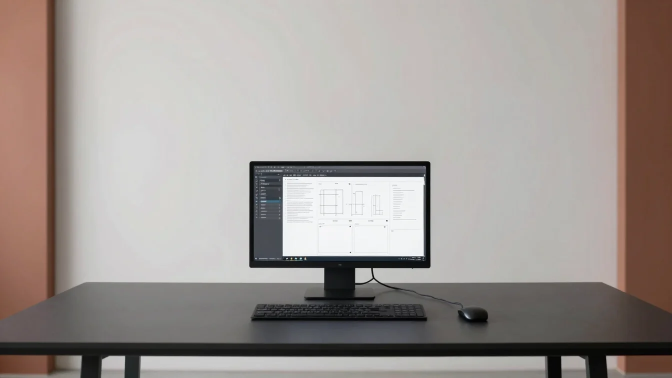 Architectural eye-level wide shot of a minimalist executive workspace featuring clean digital layouts on a studio monito