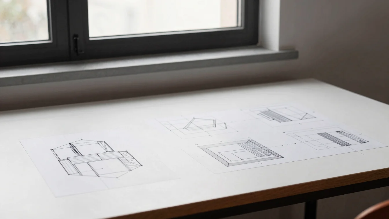 Minimalist study of structural wireframes and data architecture charts on a stark white drafting table, natural window l
