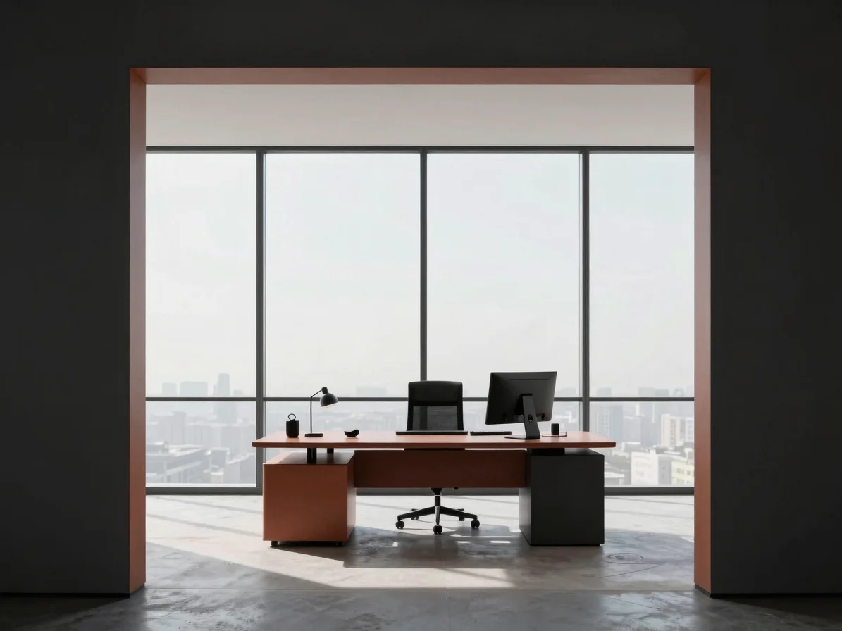 Minimal executive workspace with architectural notes and crisp natural window light, 35mm lens