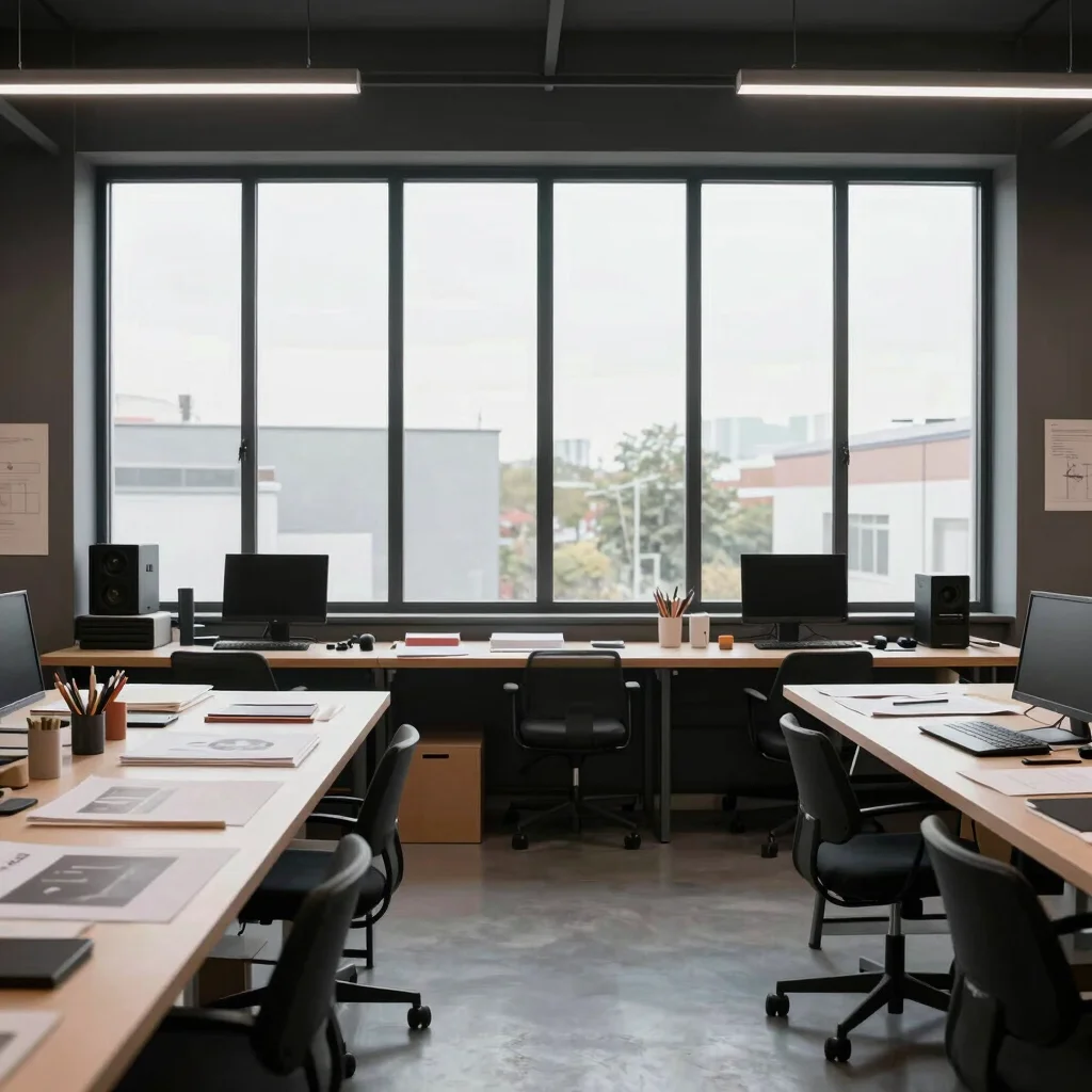 Architectural creative studio workspace with natural window daylight, 35mm lens