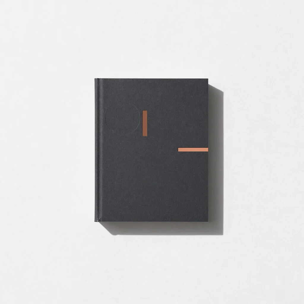 Minimalist brand identity artifact on pure white surface, crisp daylight, 35mm lens